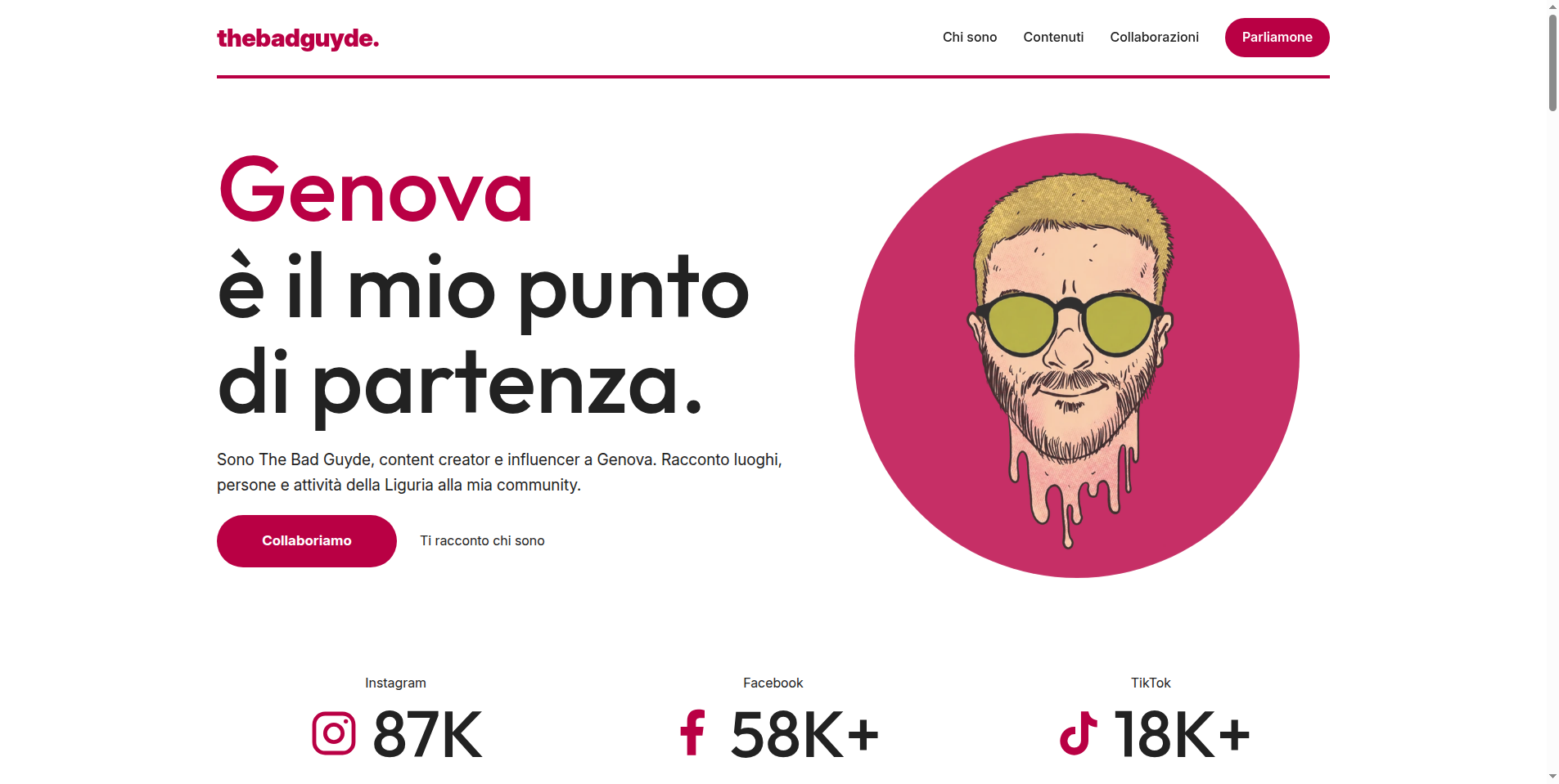 Homepage di The Bad Guyde, con il ritratto illustrato, il titolo su Genova e il pulsante per le collaborazioni.